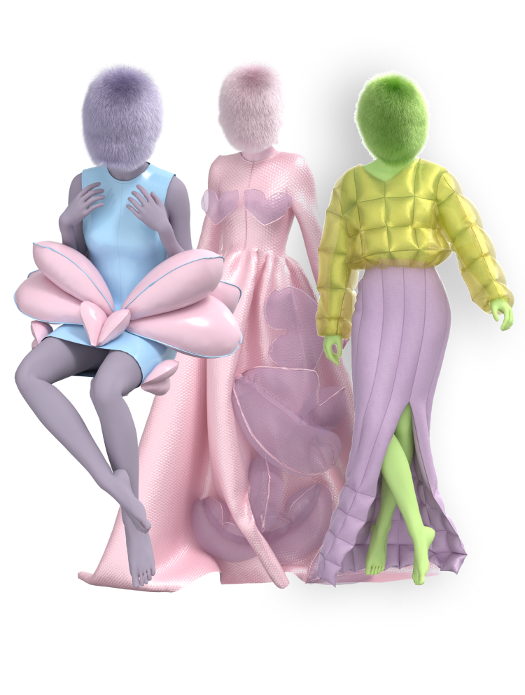 Digital fashion demonstration. On the left with a ribbon, in the middle with hearts, on the right in a checkered pattern