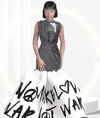 White dress with labels, and a glossy finish on top
